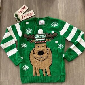 Women’s Ugly Christmas Sweater Holiday Reindeer Green and White Sweater